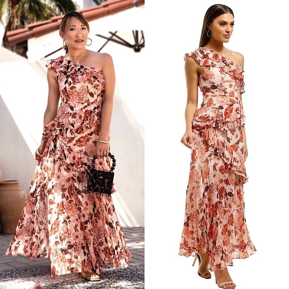 THURLEY Silk Floral Sleeveless One Shoulder Asymmetric Tiered Ruffle Maxi Gown 4